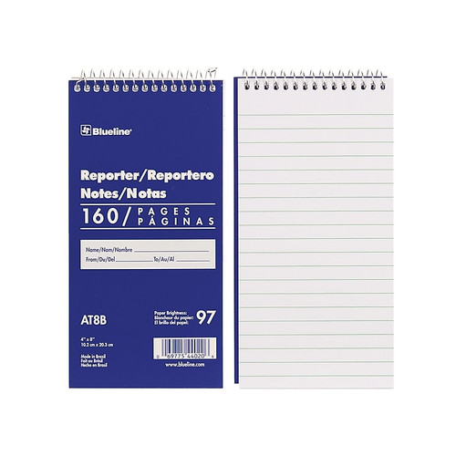 Blueline Reporter Notepad, 4" x 8", Ruled, Blue, 80 Sheets/Pad (AT8B)
