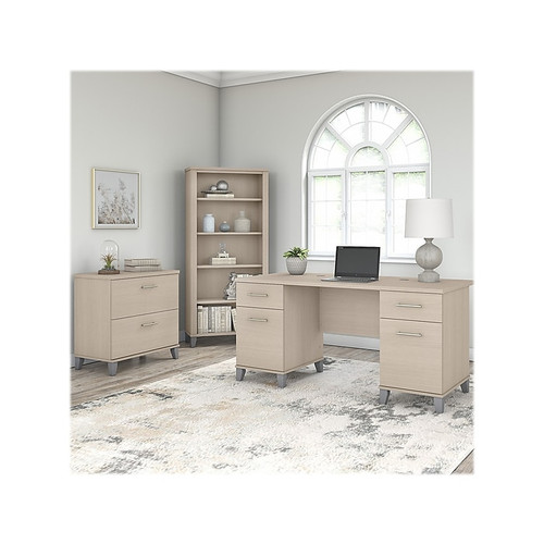 Bush Furniture Somerset 60" Computer Desk with Lateral File Cabinet and 5-Shelf Bookcase, Sand Oak (SET013SO)