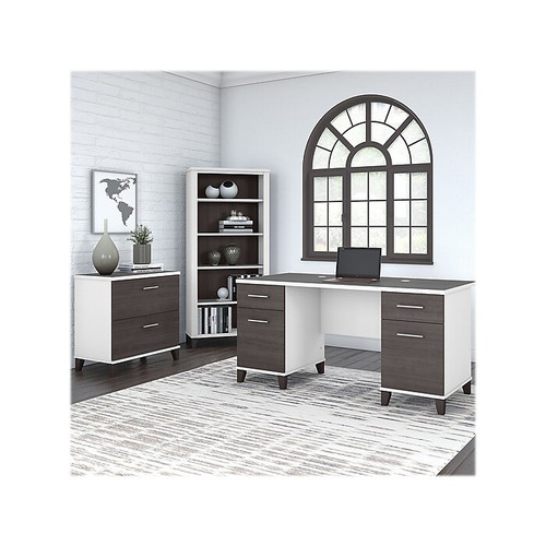 Bush Furniture Somerset 60" Computer Desk with Lateral File Cabinet and 5-Shelf Bookcase, Storm Gray/White (SET013SGWH)