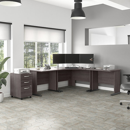 Bush Business Furniture Studio A 83"W Corner Computer Desk with 3-Drawer Mobile File Cabinet, Storm Gray (STA003SGSU)