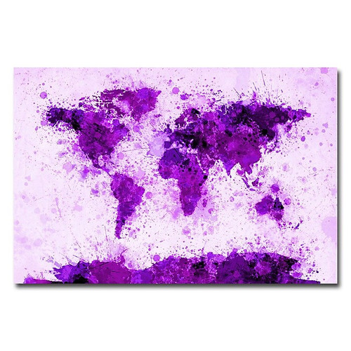 Trademark Fine Art Michael Tompsett 'World Map-Purple Paint Splashes' Canvas 30x47 Inches (65dd682fe8837636b11dcdc3_ud)