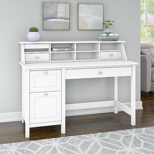 Bush Furniture Broadview 54" W Computer Desk with 2 Drawer Pedestal and Organizer Bundle, Pure White (BD005WH)
