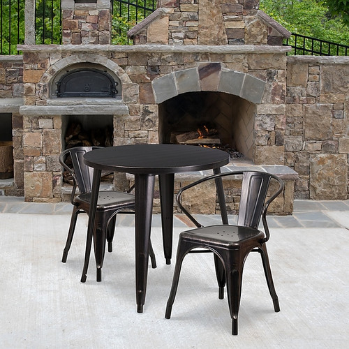 Flash Furniture Conrad Indoor-Outdoor 30" Round Table Set with 2 Arm Chairs, Black-Antique Gold (CH519TH218ABQ)