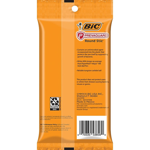 BIC Prevaguard Round Stic Ballpoint Pen, Medium Point, Blue Ink, 8/Pack (GSAMP81-BLU)