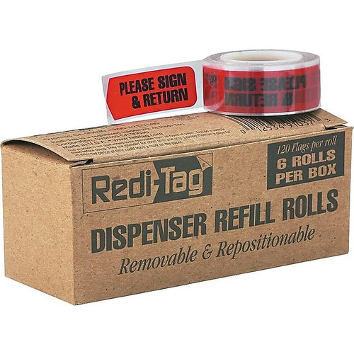 Redi-Tag Printed Arrows Flags, 'PLEASE SIGN & RETURN', Red, 9/16" x 2", 120/Roll, 6 Rolls/Pack (91037)