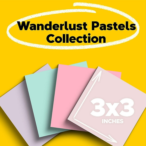 Post-it Recycled Super Sticky Notes, 3" x 3", Wanderlust Pastels Collection, 70 Sheet/Pad, 24 Pads/Pack (65424NHCP)