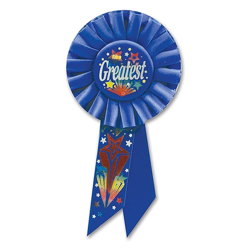 Beistle 3 1/4" x 6 1/2" The Greatest Rosette Ribbon, Blue, 6/Pack (65dd83d1e8837636b11ec23f_ud)