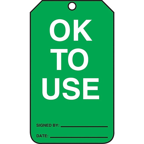 Accuform 5 3/4" x 3 1/4" RP-Plastic Status Tags "OK TO USE", White/Black On Green, 25/Pack (MGT217PTP)