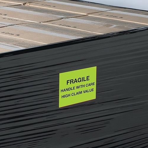 Tape Logic Labels, "Fragile Handle With Care - High Claim Value", 8" x 10", Fluorescent Green, 250/Roll (DL1333)