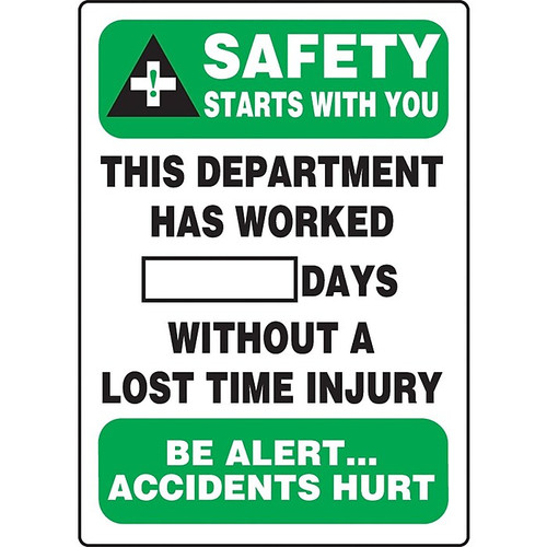 Accuform Write-A-Day SAFETY STARTS W/YOU DEPT. WORKED # DAYS W/OUT INJURY; 20"x14", Plastic (MSR128PL)