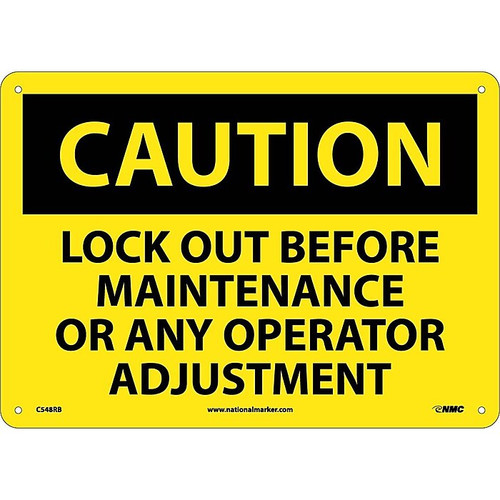 Caution Signs; Lock Out Before Maintenance Or Any Operator Adjustment, 10X14, Rigid Plastic (65dd8915e8837636b11ee190_ud)