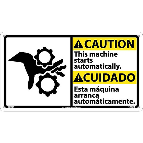 Caution Signs; This Machine Starts Automatically (Bilingual W/Graphic), 10X18, Rigid Plastic (65dd8a43e8837636b11ee557_ud)