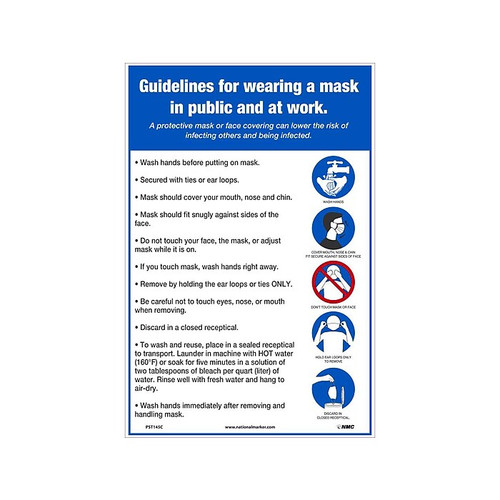 National Marker Vinyl Poster, "Guidelines for wearing a mask in public and at work," 18" x 12", White/Blue (PST145C)