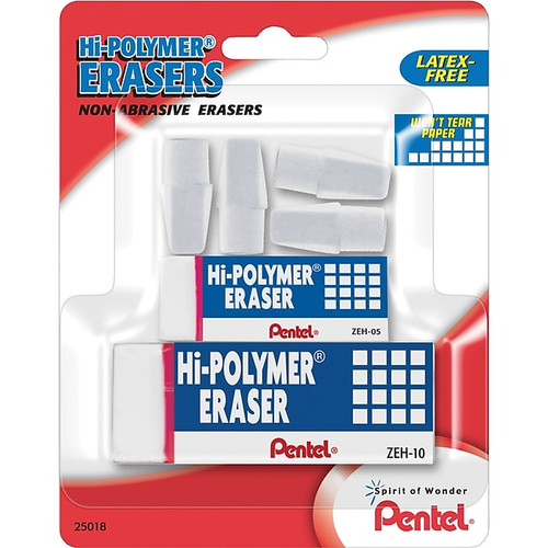 Pentel Hi-Polymer Eraser, White Erasers, Assorted Sizes, 6/Pack (ZEH2510BP)