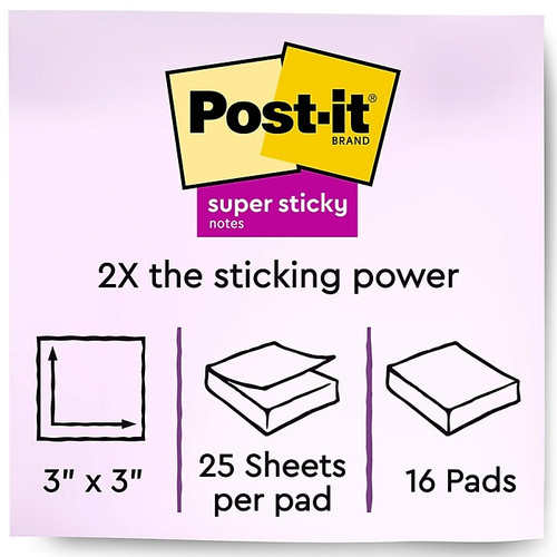 Post-it Super Sticky Notes, 3" x 3", Energy Boost Collection, 25 Sheet/Pad, 16 Pads/Pack (F33016SSAU)