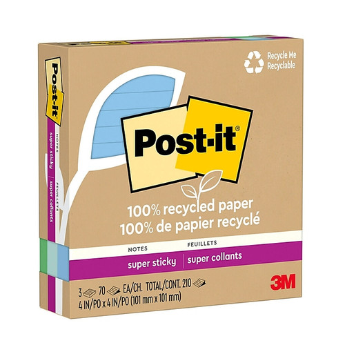 Post-it 100% Recycled Paper Super Sticky Notes, 4" x 4", Lined, 3 Pads/Pack, 70 Sheets/Pad (65dd92340030d3d478204e9e_ud)