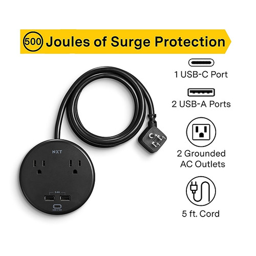NXT Technologies™ 2-Outlet Plus USB Desktop Surge Protector, 5' Cord, 500 Joules (NX61428)