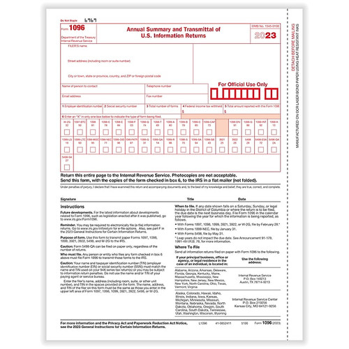 ComplyRight® 2023 1096 Annual Transmittal For U.S. Information Returns Tax Form, 10/Pack (510010)