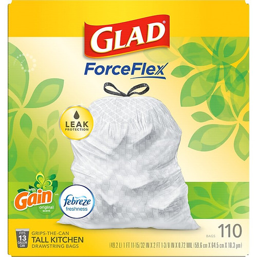 Glad ForceFlex Tall 13 Gallon Kitchen Drawstring White Trash Bags, 110/Box (79098)