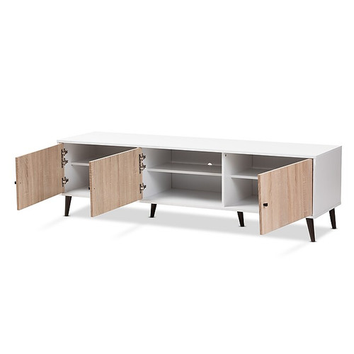 Baxton Studio Bastien 6-Shelf Wood TV Stand, White and Oak Brown, Screens up to 78" (148-8977-HiT)