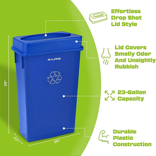 Alpine Industries Polypropylene Commercial Indoor Trash Can with Slotted Lid, 23-Gallon, Blue, 2/Pack (ALP477-R-BLU-PKG1-2)