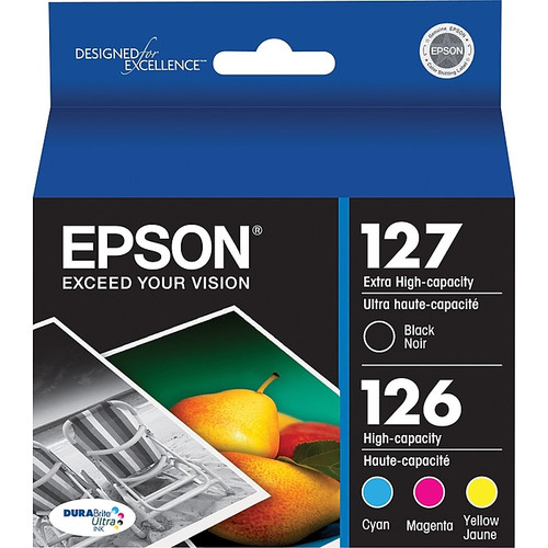 Epson T127/T126 Black Extra High Yield and Cyan, Magenta and Yellow High Yield Ink Cartridges, 4/Pack (T127120-BCS)