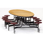 NPS Stool Unit Series, 10' Elliptical Mobile Cafeteria Table with Stools, Banister Oak Top/Burgundy Stools (METSMDPEPCOK08)