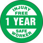 Accuform Hard Hat/Helmet Decal, INJURY FREE SAFE WORKER - 1 YEAR, 2¼", Adhesive Vinyl, 10/Pack (LHTL361)
