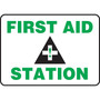 Accuform 7" x 10" Adhesive Vinyl Safety Sign "FIRST AID STATION", Green/Black On White (MFSD959VS)