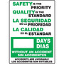 Accuform Bilingual Write-A-Day; SAFETY IS PRIORITY, QUALITY STANDARD # DAYS, 28"x20" Plastic (SBMSR249PL)