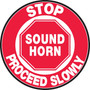 Accuform Slip-Gard STOP SOUND HORN PROCEED SLOWLY Round Floor Sign, White/Red, 8"Dia. (MFS818)