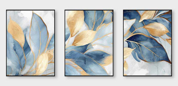 Triptych blue gold leaves