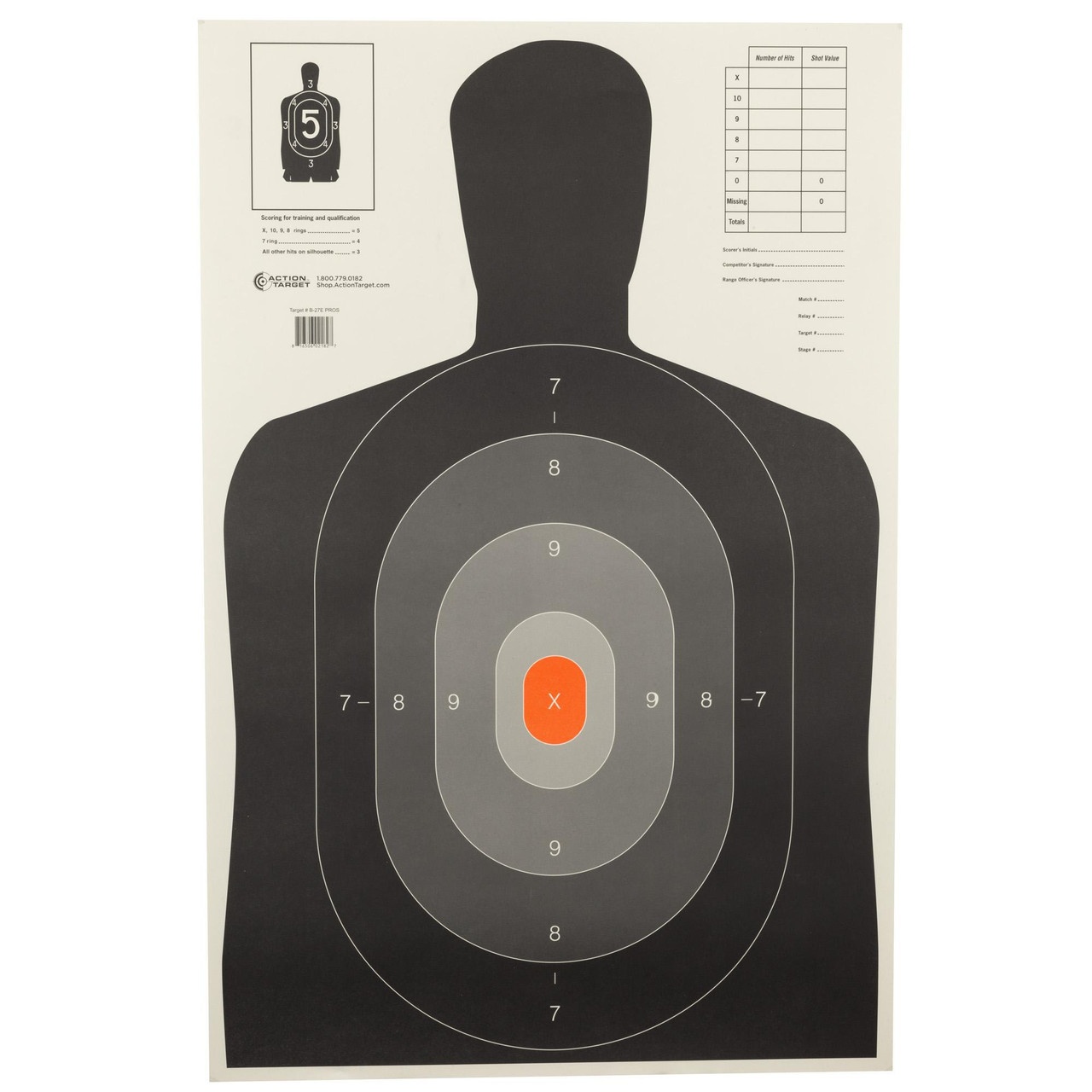 ACTION TARGET B-27E PROS TARGET SHADED SCORING W/ BRIGHT ORANGE CENTER ...