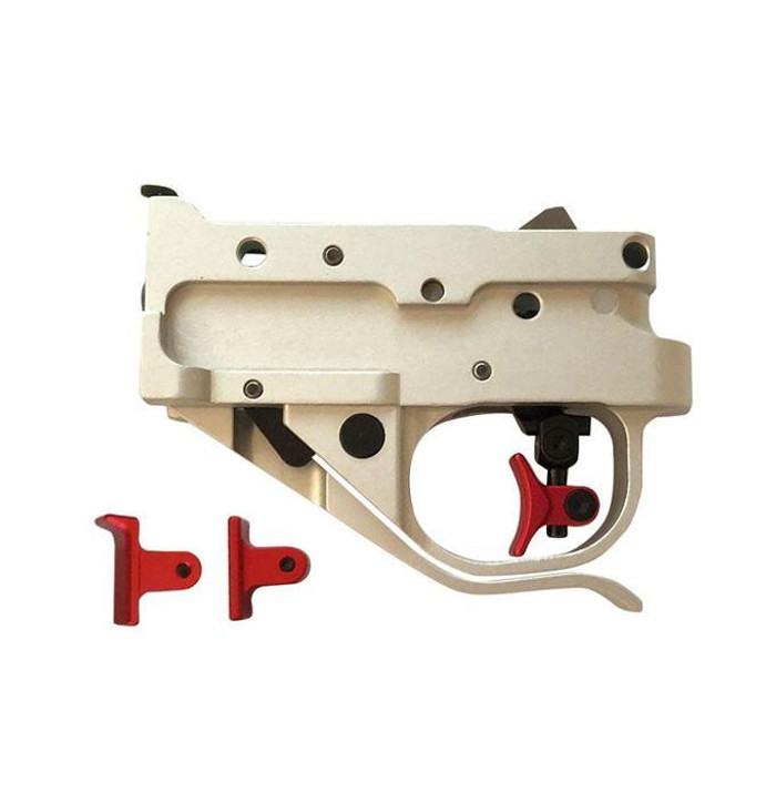 Timney Ruger 10/22 Calvin Elite Trigger One Piece Complete Assembly W/ Four Shoes Silver Housing (Curved, Flat, Heeled and Knurled) - Fits Ruger 10/22