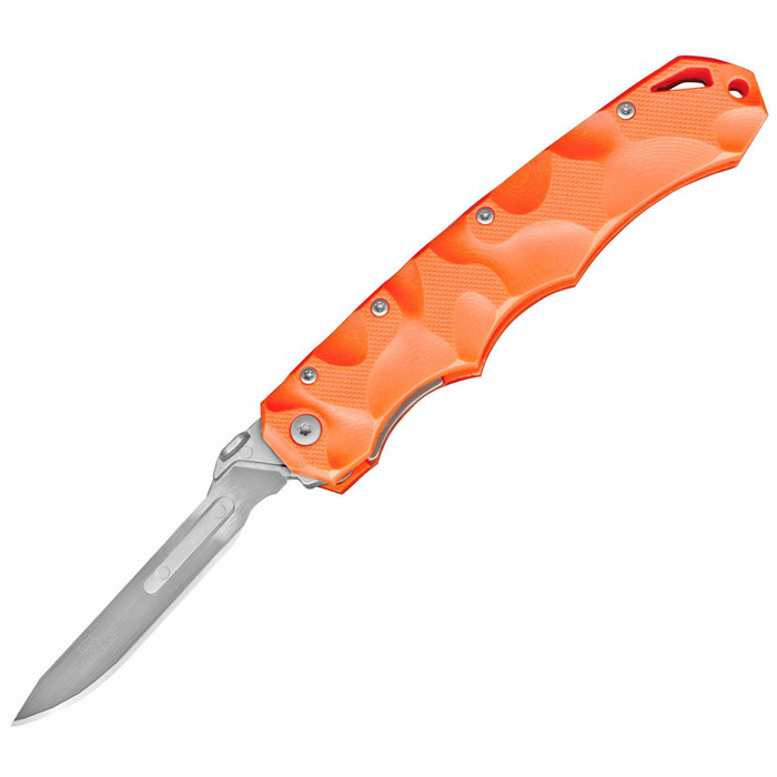 Havalon Piranta Stag Folding Knife - Liner Lock - 2.75" Stainless Steel Blade - Blaze Orange Polymer Handle - OAL 7 3/8" - Includes 6 Additional Blades and Nylon Holster