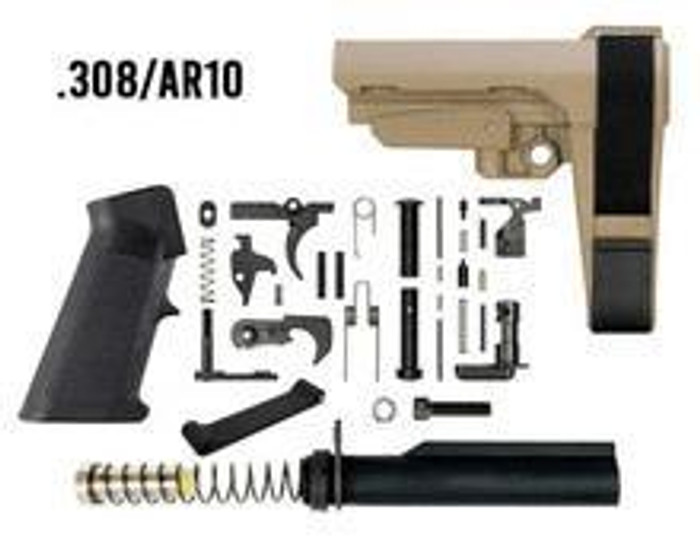BN .308 / AR10 - SBA3 Pistol Lower Build Kit - BN LPK + FDE Adjustable Pistol Brace | .308 Carbine Buffer & Spring