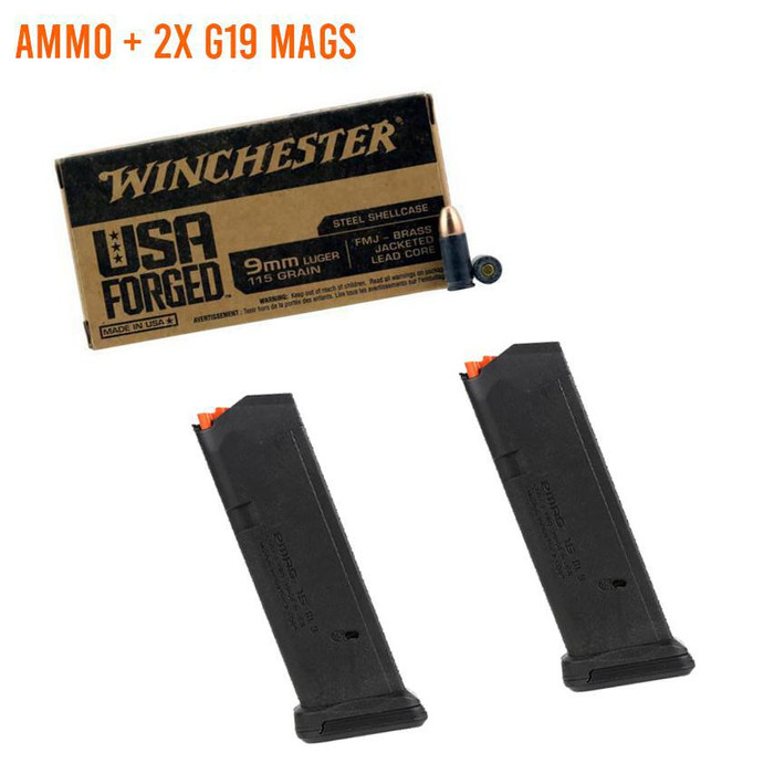 Ammo Bundle | 2x Magpul PMAG For G19 + Winchester WIN9SV Steel Case 9mm Luger Ammo 115 Grain FMJ