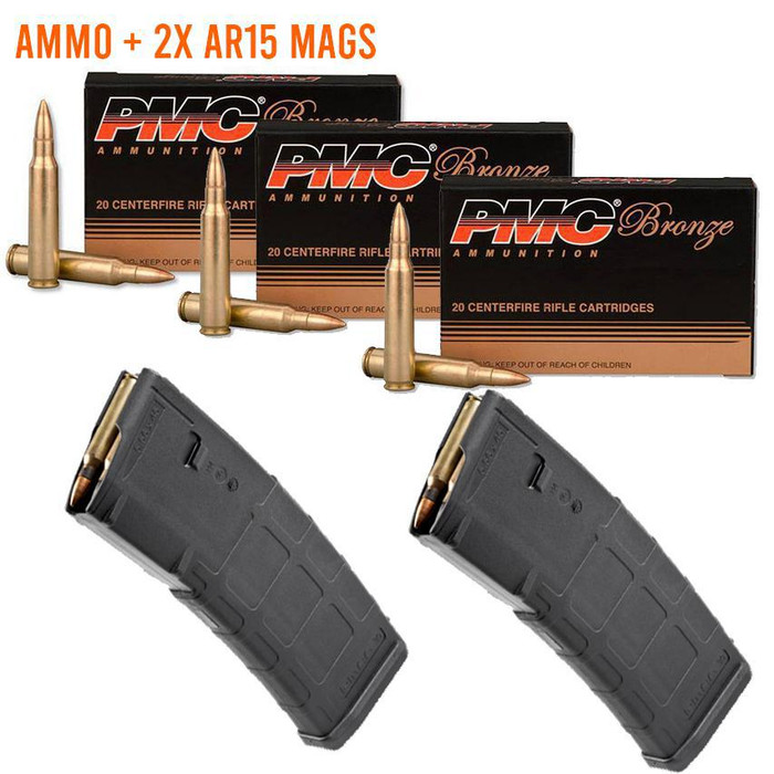 Ammo Bundle | 2x AR-15 5.56x45 Magazines - BLK + 3x PMC 223A Bronze .223 Rem Ammo 55 Grain FMJ Ammo