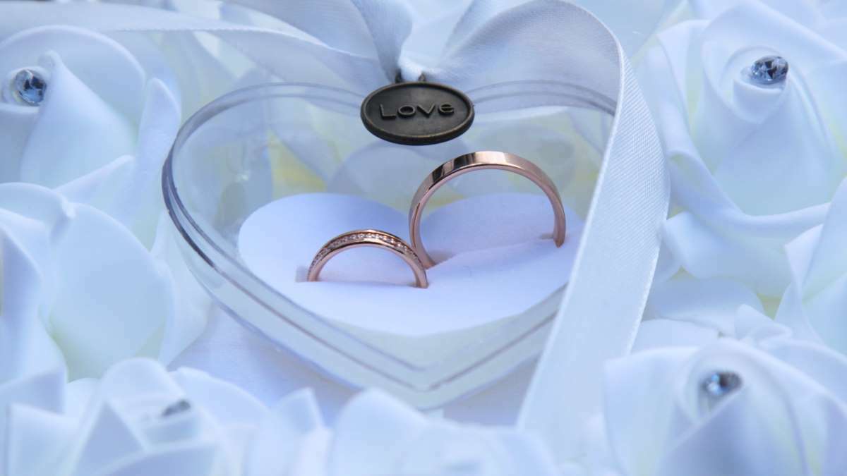 Wedding rings on a bed of flowers