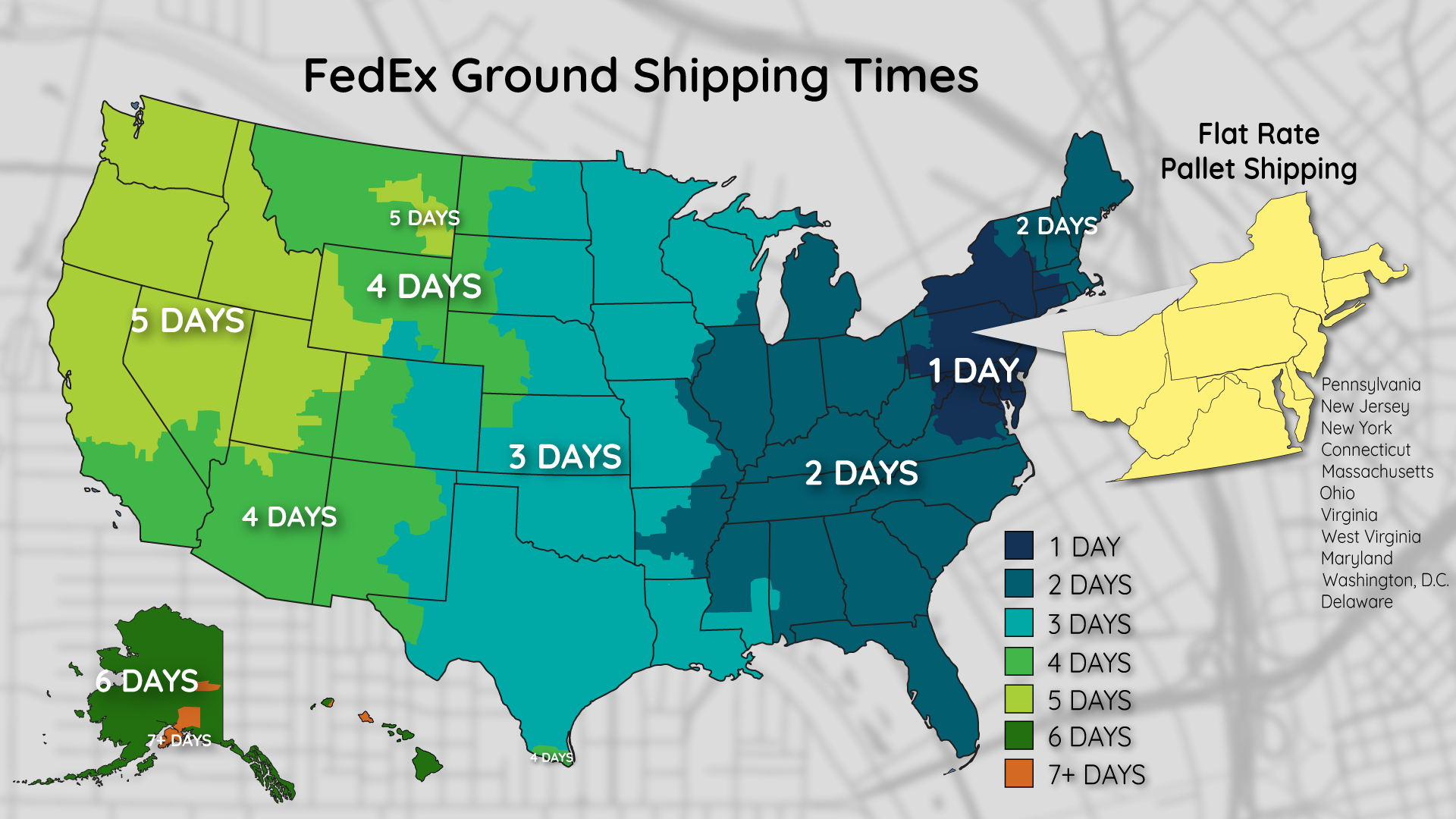 Map of the US showing ground shipping times.