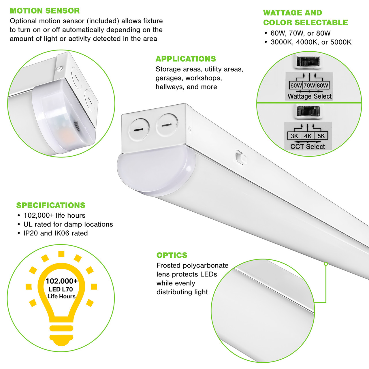 LED STRIP LIGHT 8FT W SENSOR - 80W MAX 11600LM MAX 3CCT 120-277V