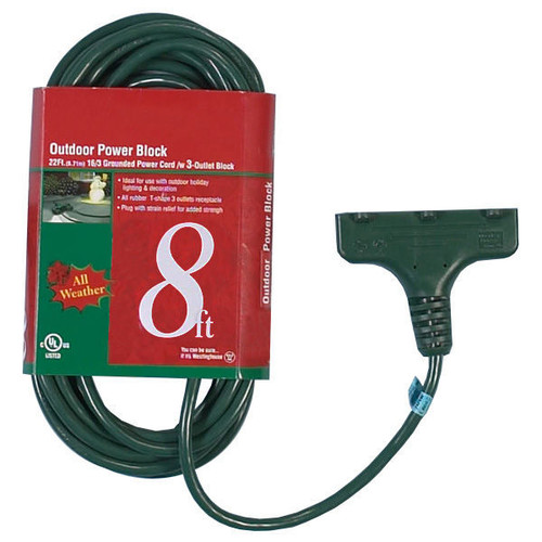 8 Ft Heavy Duty Ext Cord 3 End - 16/3 SJT Outdoor Green Wire - ORM-28374