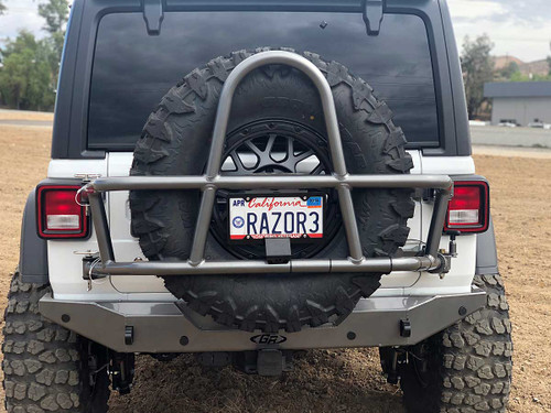 Powder coated GenRight JL Tire carrier with camera relocation mount Powder coated GenRight JL Tire carrier with camera relocation mount