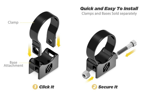 Scosche's simple "click in" tube clamp system for easy one person mounting  Scosche's simple "click in" tube clamp system for easy one person mounting