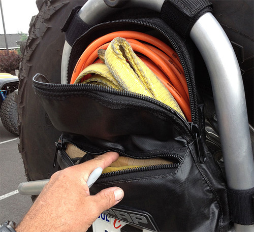 We were able to store the essential trail recovery gear in our PRP tire carrier bag. We were able to store the essential trail recovery gear in our PRP tire carrier bag.
