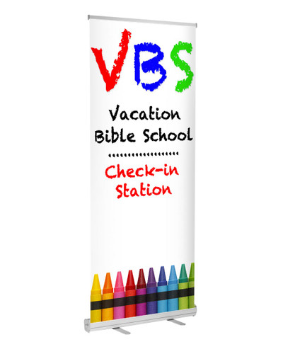 Text Bubble Check-In VBS Banner with D2 stand