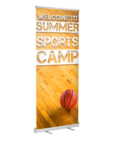 Check-in banner for Christian basketball camp with D2 stand