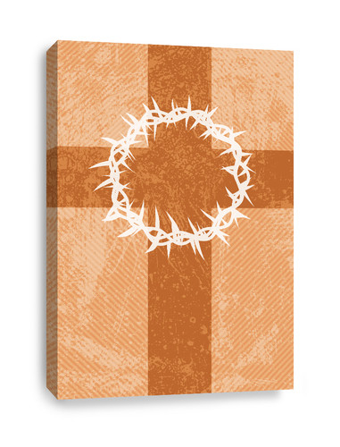 Rust colored canvas print of cross and crown of thorns