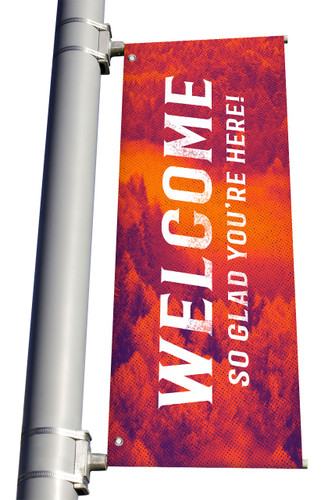 red Welcome So Glad You're Here light pole banner for fall harvest season