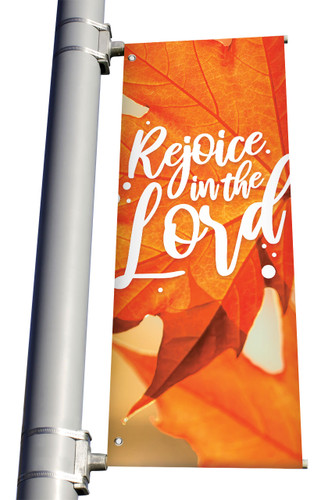 Orange Leaf 2 Rejoice in the Lord light pole banner for fall harvest season